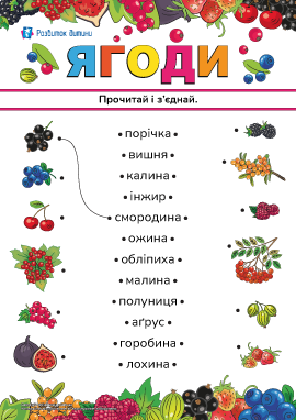 Прочитай і з'єднай слова та малюнки на тему «Ягоди» 