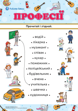 Прочитай і з'єднай слова та малюнки на тему «Професії» 