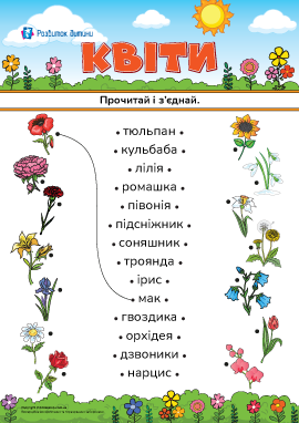 Прочитай і з'єднай слова та малюнки на тему «Квіти» Прочитай і з'єднай слова та малюнки на тему «Квіти»