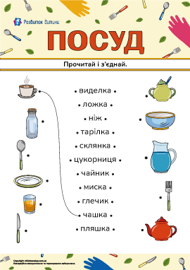 Прочитай і з'єднай слова та малюнки на тему «Посуд» 