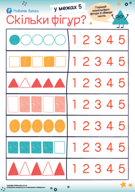Скільки фігур: рахуємо до 5, співвідносимо кількість та число