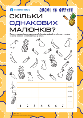 Скільки однакових малюнків: рахуємо овочі та фрукти Скільки однакових малюнків: рахуємо овочі та фрукти